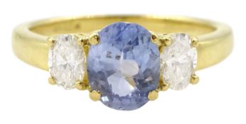18ct gold three stone oval cut sapphire and oval cut diamond ring