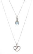 White gold blue topaz and diamond pendant necklace and white gold diamond chip heart pendant necklac