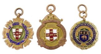Three 9ct gold enamelled medallions