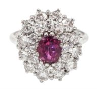 18ct white gold oval ruby and two row round brilliant cut diamond cluster ring