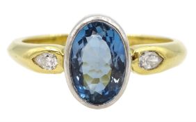 18ct gold three stone oval aquamarine and pear shaped diamond ring