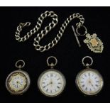 Three early 20th century silver cylinder ladies pocket watches and a silver tapering watch chain wit