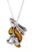 Silver Baltic amber moon gazing hare pendant necklace