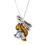 Silver Baltic amber moon gazing hare pendant necklace