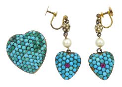 Victorian silver heart shaped turquoise brooch and a pair of gold heart shaped turquoise