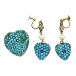 Victorian silver heart shaped turquoise brooch and a pair of gold heart shaped turquoise