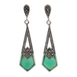 Pair of silver green agate and marcasite pendant earrings