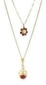 Yellow and pink gold rose pendant necklace and a garnet and pearl pendant necklace