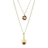 Yellow and pink gold rose pendant necklace and a garnet and pearl pendant necklace