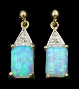 Pair of 9ct gold opal and diamond pendant stud earrings