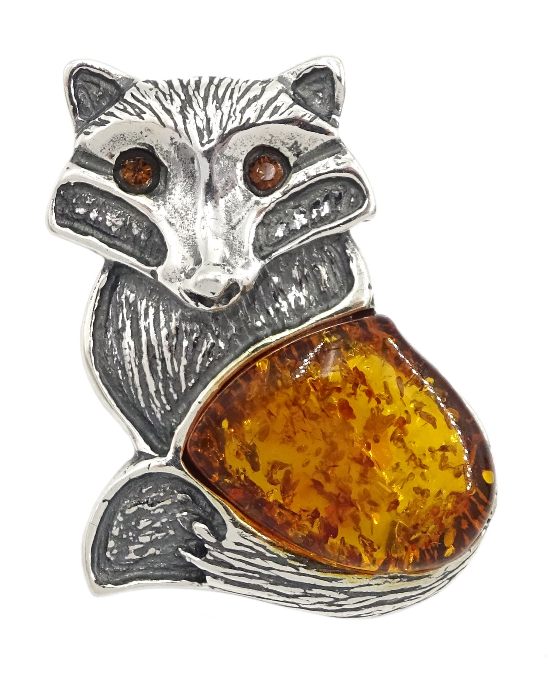 Silver Baltic amber fox brooch