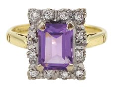 18ct gold emerald cut amethyst and round brilliant cut diamond cluster ring