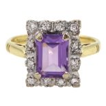 18ct gold emerald cut amethyst and round brilliant cut diamond cluster ring