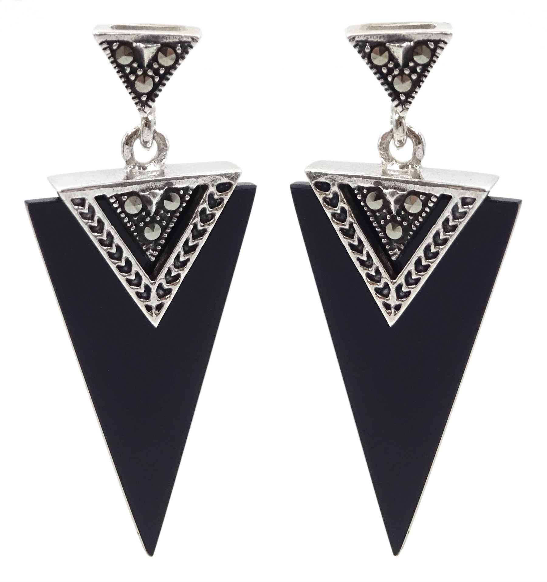 Pair of silver black agate and marcasite triangle pendant stud earrings
