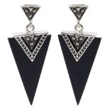 Pair of silver black agate and marcasite triangle pendant stud earrings