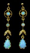 Pair of silver-gilt three stone opal and cubic zirconia pendant earrings