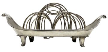 Early George III silver six division rack on a navette shape stand