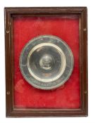 Silver Armada dish engraved with Duke of Wellington's Regiment crest and inscription in glazed case