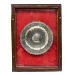 Silver Armada dish engraved with Duke of Wellington's Regiment crest and inscription in glazed case