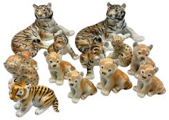 USSR Lomonosov models of reclining tigers together with further models of big cat cubs max W30(13)