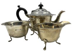 Silver three piece tea set of circular form with crimped rims Birmingham 1944/6 Maker Williams Birmi