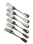 Set of six George IV silver fiddle pattern table forks engraved with initial 'P' London 1824 Maker W