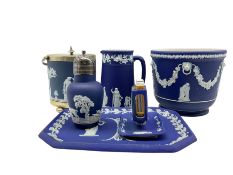 Group of late 19th/20th century Wedgwood dark blue jasper dip items comprising jardiniere D18cm