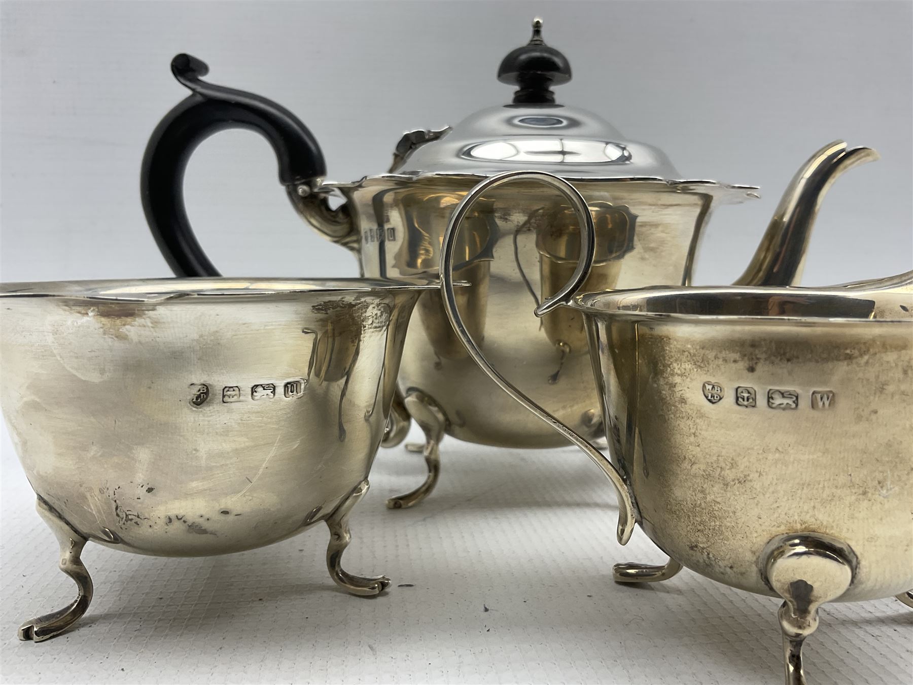 Silver three piece tea set of circular form with crimped rims Birmingham 1944/6 Maker Williams Birmi - Image 2 of 2