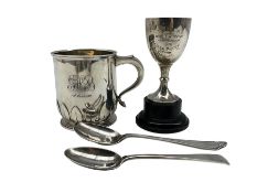 Silver christening mug with loop handle and lappet base engraved with initials H8cm Birmingham 1929