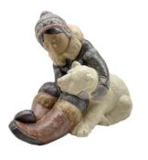 Large Lladro Gres group 'Eskimo boy with Polar bear' no. 2097 H23.5cm