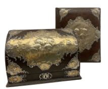 Edwardian leather and silver mounted stationery casket with hinged lid and silk lined divided interi