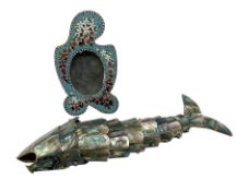 20th century micro mosaic picture frame with floral decoration H11cm together with abalone shell fis