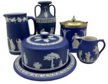 Group of late 19th/20th century Wedgwood dark blue jasper dip items comprising cheese dish and cover