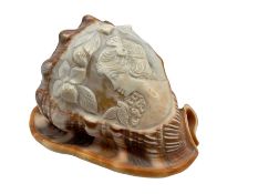 19th/20th century cowrie shell carved with the head and shoulders of a lady within a floral surround