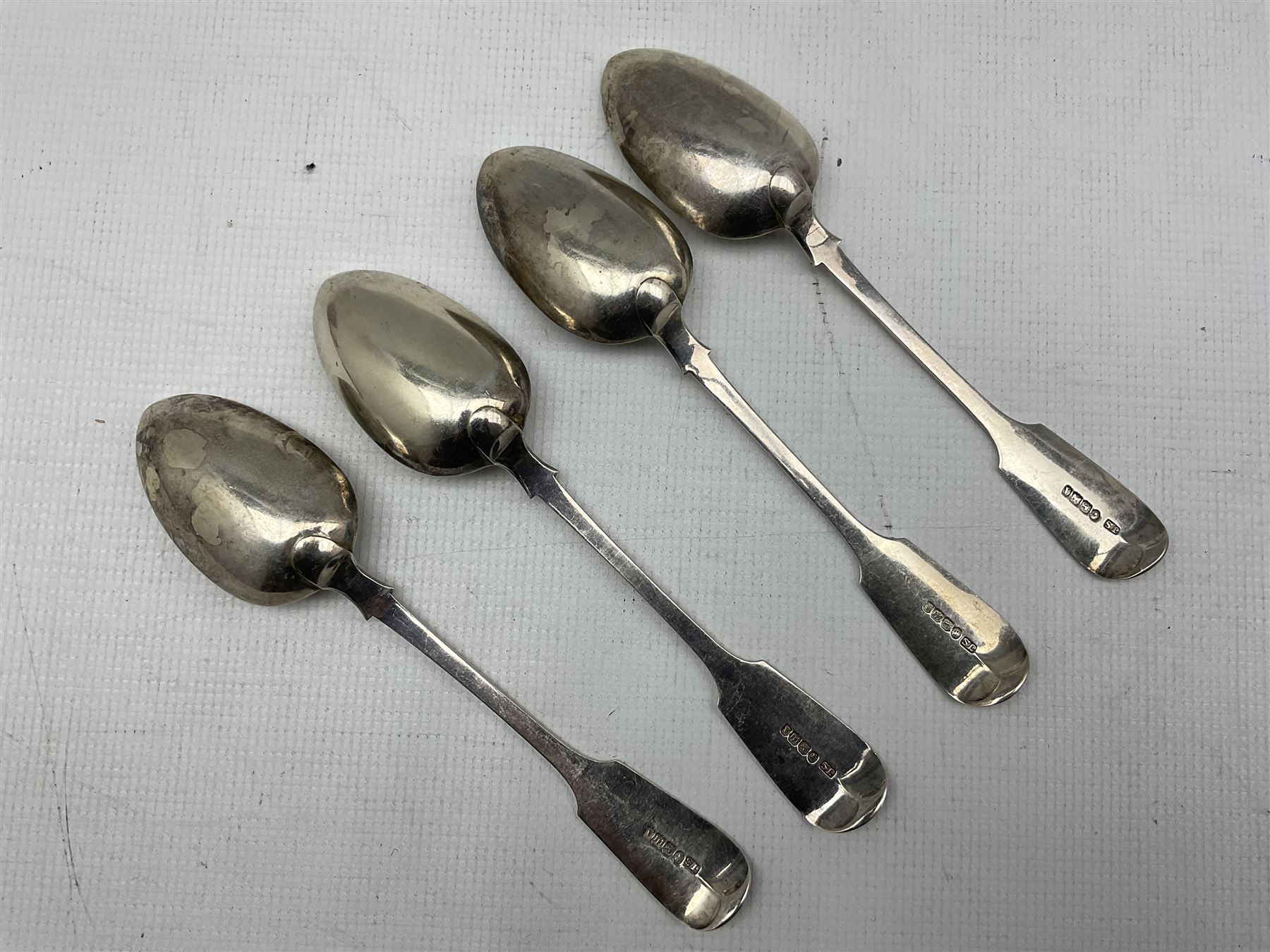 Set of four Victorian silver fiddle pattern table spoons engraved with initial 'L' Exeter 1857 Maker - Image 2 of 2