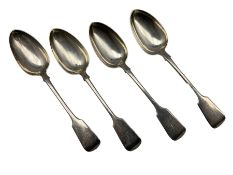 Set of four Victorian silver fiddle pattern table spoons engraved with initial 'L' Exeter 1857 Maker