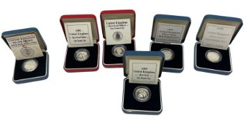 Six The Royal Mint United Kingdom silver proof one pound coins