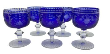 Set of six blue flashed wine glasses