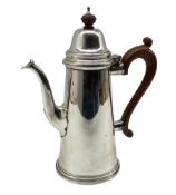 Silver coffee pot of 18th century design with domed cover and stained wood handle and lift H24cm Lon