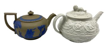 19th century Wedgwood drab ware teapot of squat circular form with green grey body and blue bands of