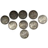 Nine Queen Victoria crown coins