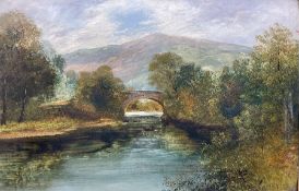 English School (Early 20th century): Highland River Landscape with Bridge