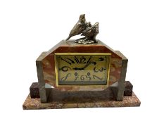 French Art Deco marble and granite cased mantle clock with a rectangular dial and elongated Arabic n