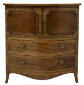 19th century bow fronted mahogany chest with two cupboard doors and two drawers