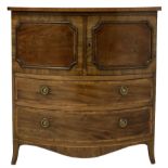 19th century bow fronted mahogany chest with two cupboard doors and two drawers