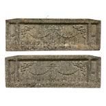 Pair of rectangular composite garden troughs with swag decoration