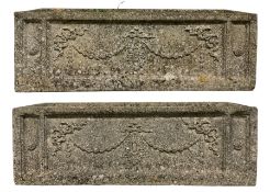 Pair of rectangular composite garden troughs with swag decoration