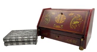 Oriental table top bureau and a silvered jewellery box modelled as books max W46cm (2)