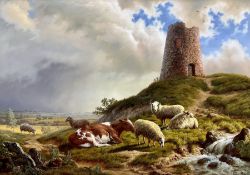 Daniel Van der Putten (Dutch 1949-): Cow and Sheep at 'the Old Windmill - Daventry'