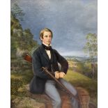 Anne MJ Dodsley (British exh.1872): Portrait of a Victorian Gentleman Seated Outside with Rifle